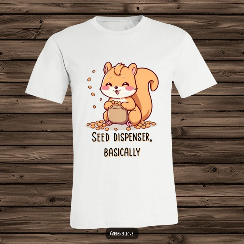 Funny Kawaii Squirrel T-Shirt: A delightful illustration of a cheerful squirrel joyfully scattering seeds, showcasing its playful nature and charm.