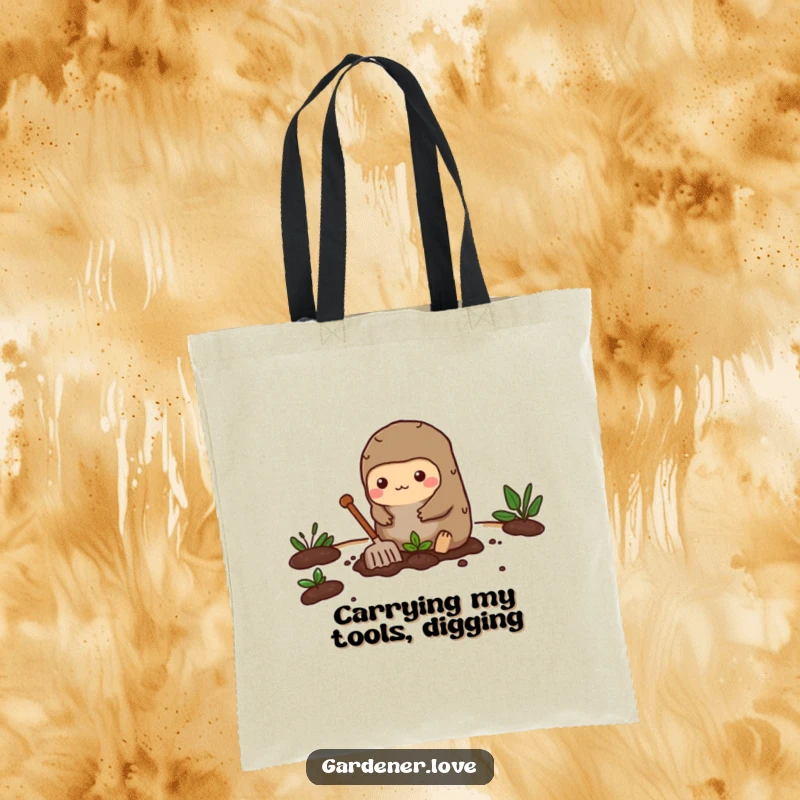 Funny tote bag featuring a busy Kawaii mole character enthusiastically digging in a small garden bed, perfect for gardeners.