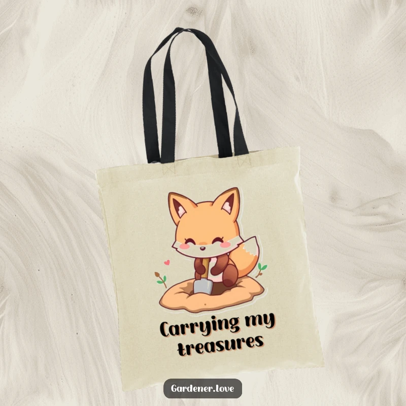 Funny Kawaii fox digging a hole with a small shovel, spacious tote bag.