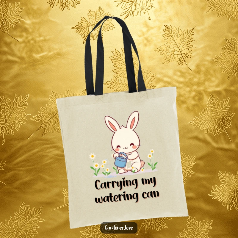Funny tote bag with a happy Kawaii rabbit watering smiling flowers, perfect for carrying gardening supplies or everyday items.