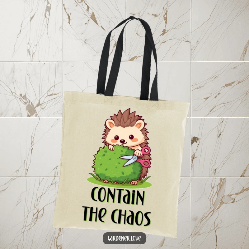Funny Kawaii hedgehog trimming a bush with tiny shears, durable tote bag.