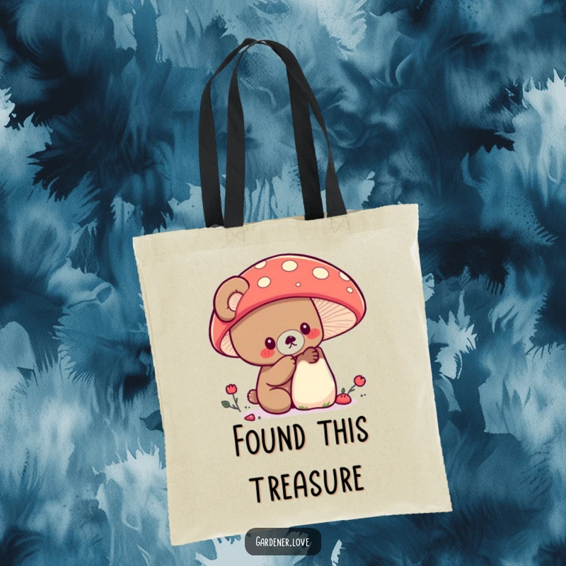 Funny Kawaii bear examining a large, colorful mushroom, spacious tote bag.