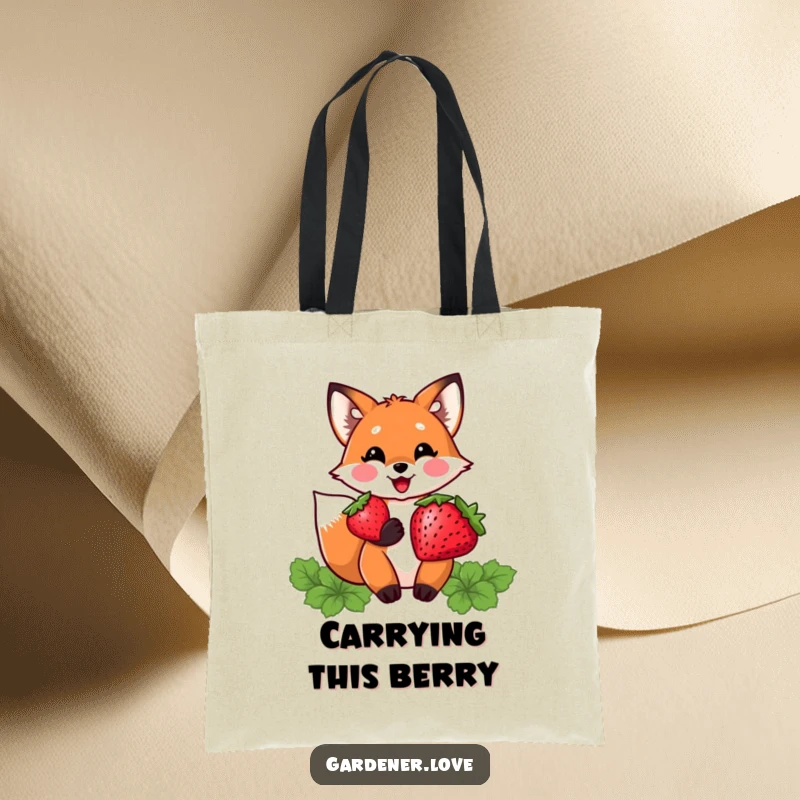 Funny tote bag with a delighted Kawaii fox character proudly holding a plump strawberry, perfect for carrying market finds.